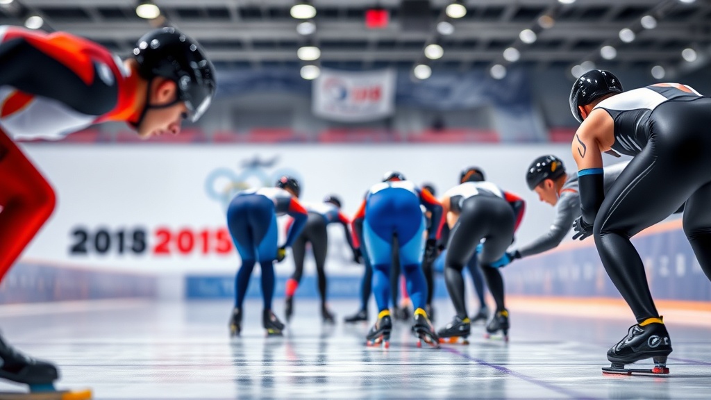 출발선 앞에서 자세를 낮추고 대기하는 쇼트트랙 선수들의 후방 시점